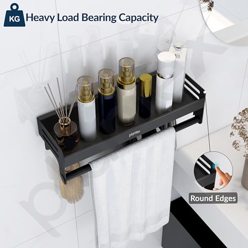Plantex Aluminium Self Adhesive Bathroom Shelf with Towel Rod and Movable Hooks/Rack Shelf for Bathroom/Kitchen Shelf Organizer (Black) - Image 4
