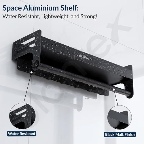 Plantex Aluminium Self Adhesive Bathroom Shelf with Towel Rod and Movable Hooks/Rack Shelf for Bathroom/Kitchen Shelf Organizer (Black) - Image 2