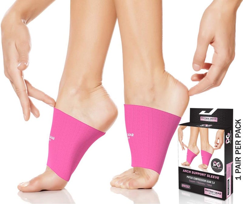 Physix Gear Sport Physix Gear Arch Support Bands for Foot discomfort comfort - Arch comfort Compression Bands, Arch Support Band for Plantar Fasciitis, Arch Compression Support, Arch Sleeves, Foot Arch, Pink, M
