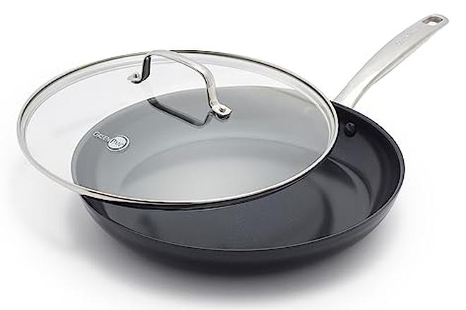 GreenPan Chatham Black Prime Midnight Hard Anodized Healthy Ceramic Nonstick 12 Frying Pan Skillet with Lid PFASFree Dishwasher Safe Oven Safe Black