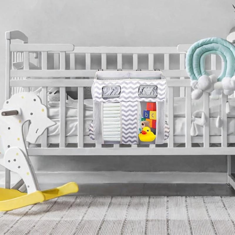 predolo Hanging Diaper Organizer Diaper Stacker for Essentials Bed Nursery Storage Bag, Gray White Stripes - Image 2