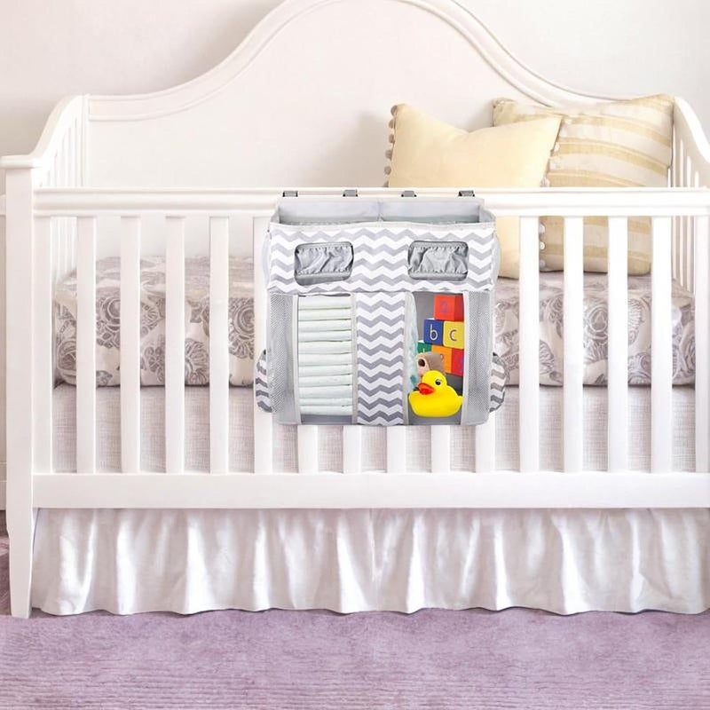 predolo Hanging Diaper Organizer Diaper Stacker for Essentials Bed Nursery Storage Bag, Gray White Stripes - Image 3