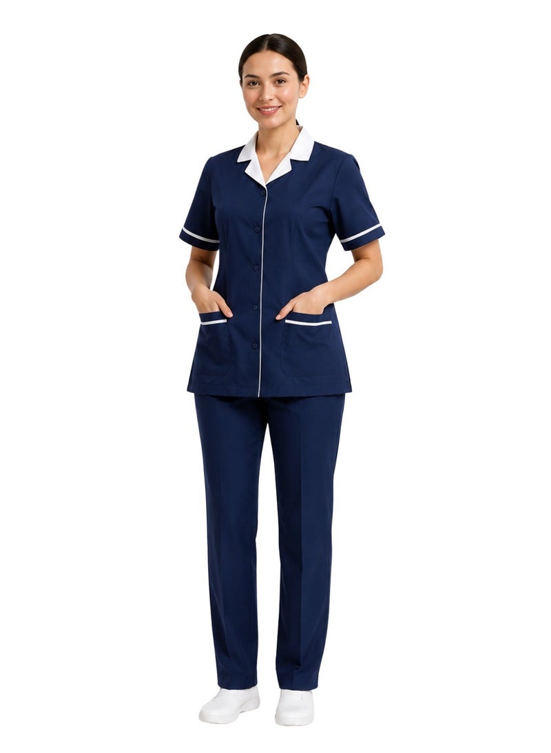ZOZAZA Maid Uniform Scrub Suit for Women Two Piece Set, Housemaid Uniform Cotton Polyester Tunic Top and Pants, Nanny Nurse Uniform - Image 1