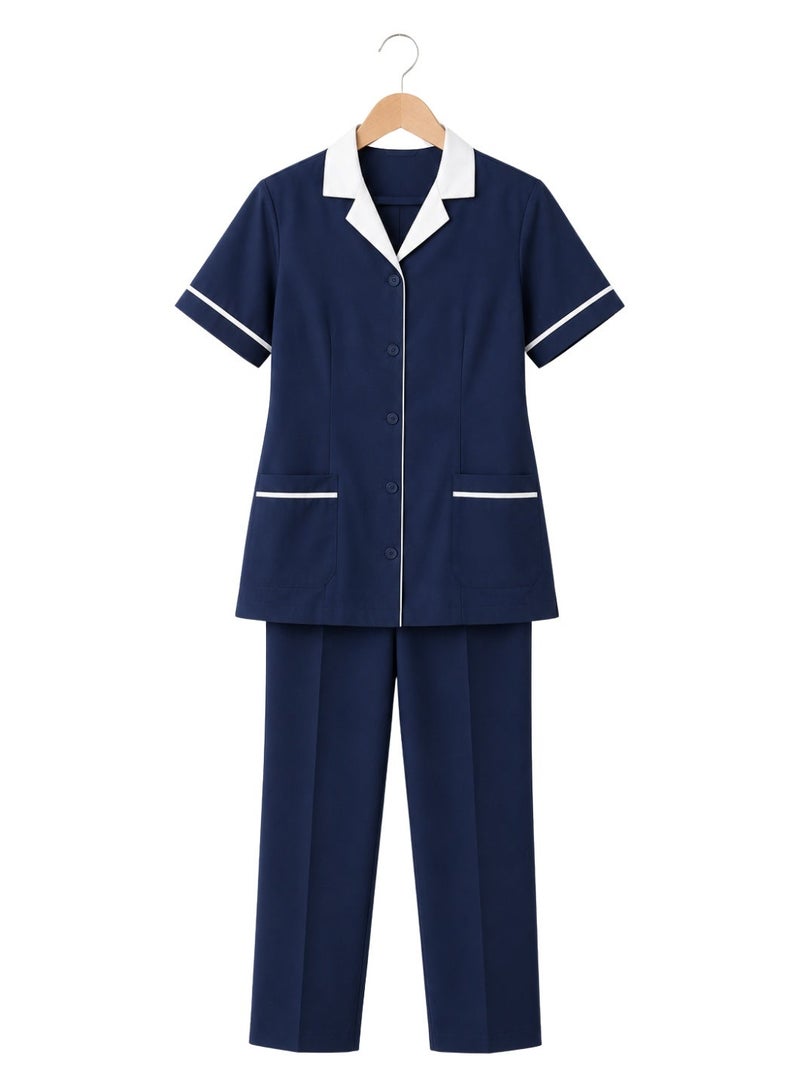 ZOZAZA Maid Uniform Scrub Suit for Women Two Piece Set, Housemaid Uniform Cotton Polyester Tunic Top and Pants, Nanny Nurse Uniform - Image 2