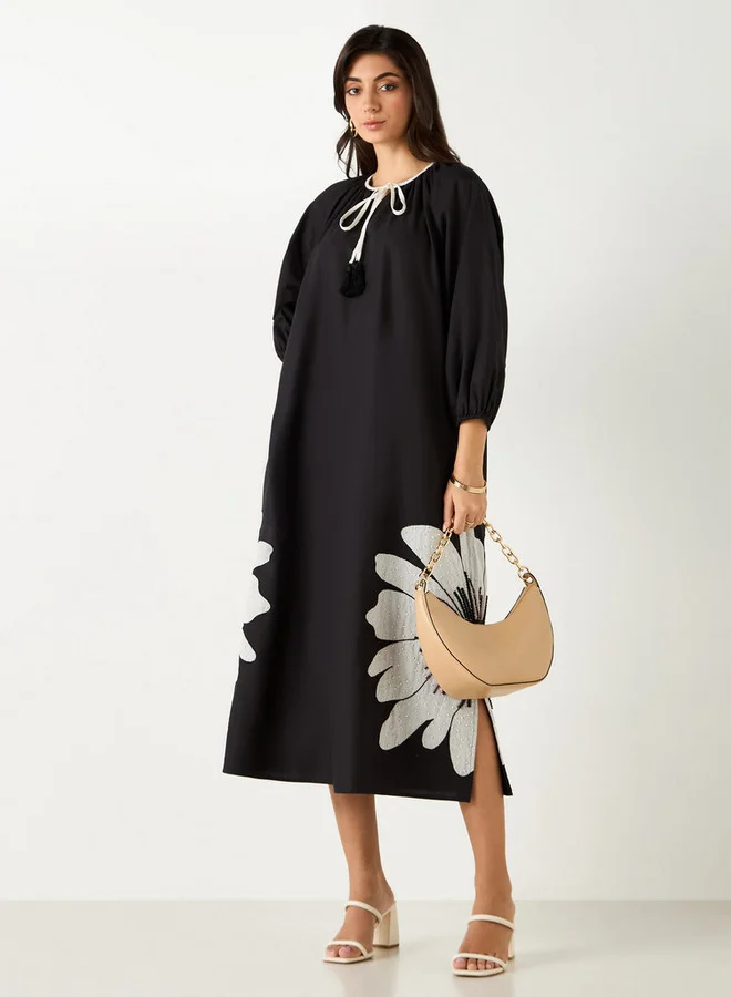 Iconic Iconic Floral Embroidered Trapeze Dress with Tie-Up Neck