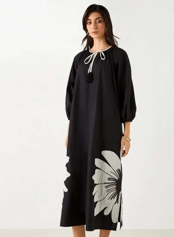 Iconic Iconic Floral Embroidered Trapeze Dress with Tie-Up Neck