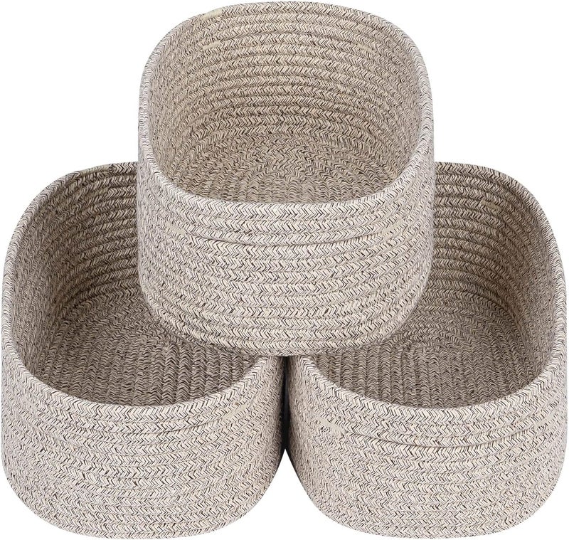 CubesLand Rectangle Organization/Storage Basket, Natural Cotton Rope Woven Baskets for Organizing, Small Basket for Kids, Baby Nursery, Cat Dog Toy Baskets, Organizer Bins for Shelves 3Pc Light Brown - Image 1