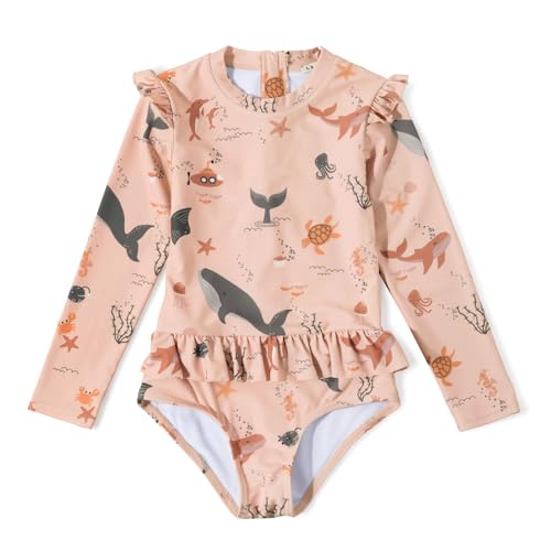 LDIOIF Toddler Girls Long Sleeve Swimsuit One Piece Bathing Suit Zip Rashguard Whale Dolphin Swimwear with Ruffle 18-24 Month Pink - Image 1