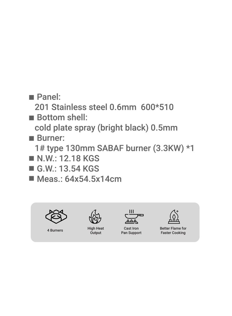 فليكسي موقد غاز مدمج من فليكسي FKH466SD، 4 شعلات، خرج حرارة عالي، شعلة SABAF 130 مم، 3.3 كيلو واط، حامل مقلاة من الحديد الزهر، لوحة من الفولاذ المقاوم للصدأ 201، مقاس 600×510 مم، ضمان لمدة عامين** - Image 5