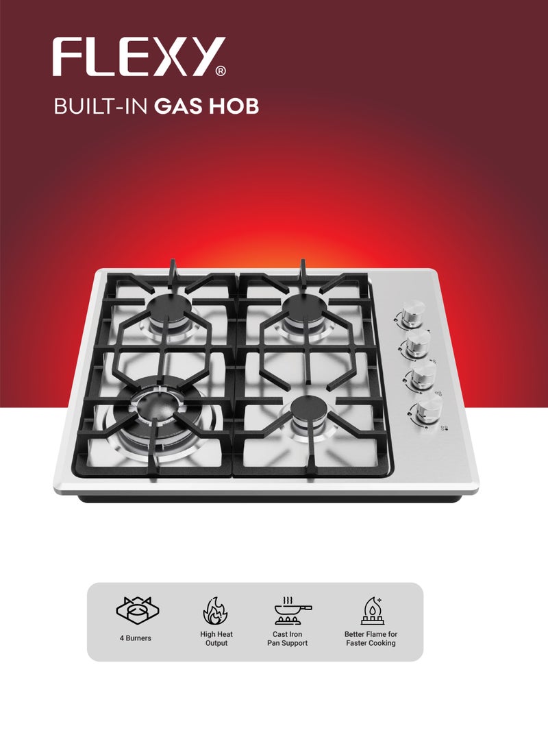 فليكسي موقد غاز مدمج من فليكسي FKH466SD، 4 شعلات، خرج حرارة عالي، شعلة SABAF 130 مم، 3.3 كيلو واط، حامل مقلاة من الحديد الزهر، لوحة من الفولاذ المقاوم للصدأ 201، مقاس 600×510 مم، ضمان لمدة عامين** - Image 4