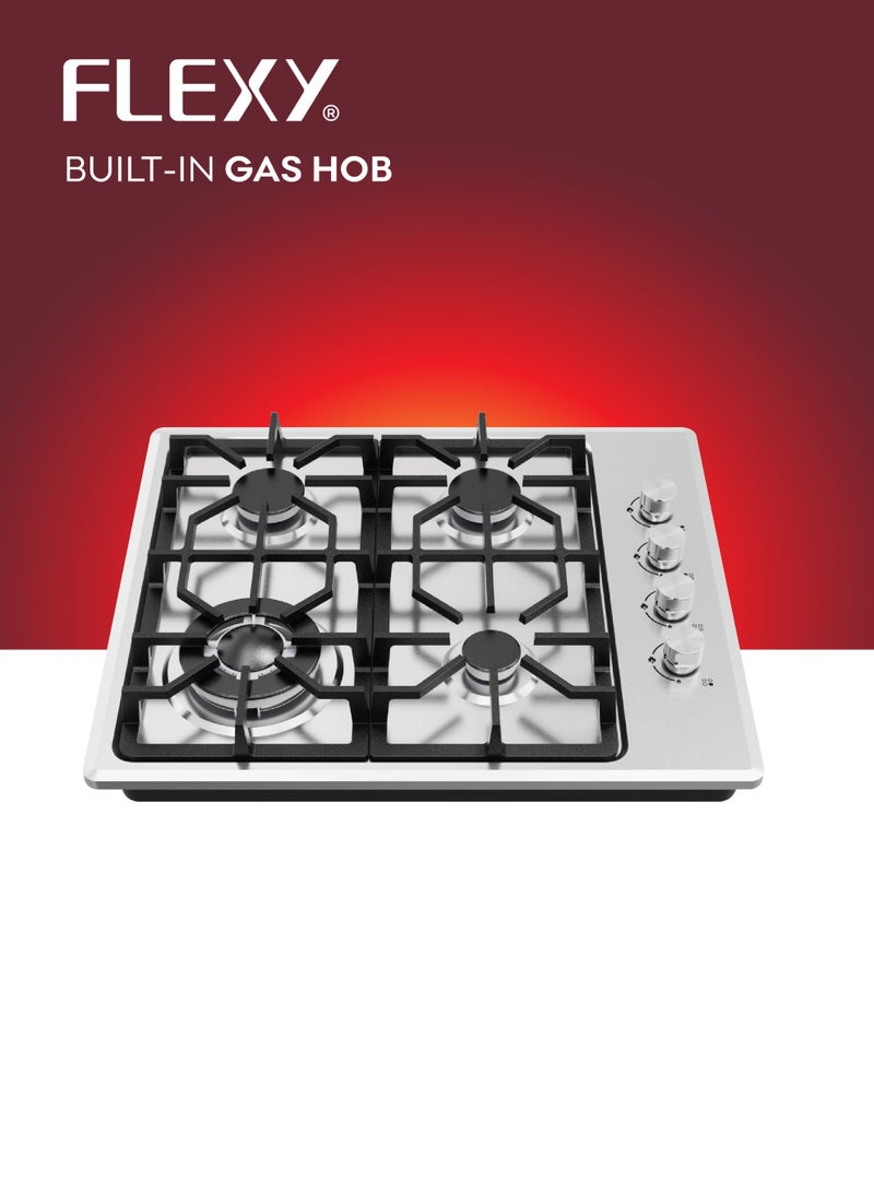 فليكسي موقد غاز مدمج من فليكسي FKH466SD، 4 شعلات، خرج حرارة عالي، شعلة SABAF 130 مم، 3.3 كيلو واط، حامل مقلاة من الحديد الزهر، لوحة من الفولاذ المقاوم للصدأ 201، مقاس 600×510 مم، ضمان لمدة عامين** - Image 3