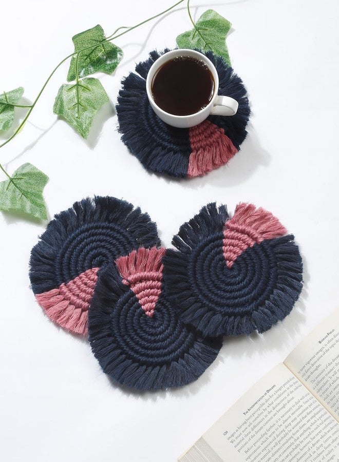 My Creative Hut Macrame Round Coasters Bohemian Style, Handmade, More Absorbent, Traditional, Diwali Gifting, Multipurpose, Big Size (Navy Pink, Set of 2) - Image 4