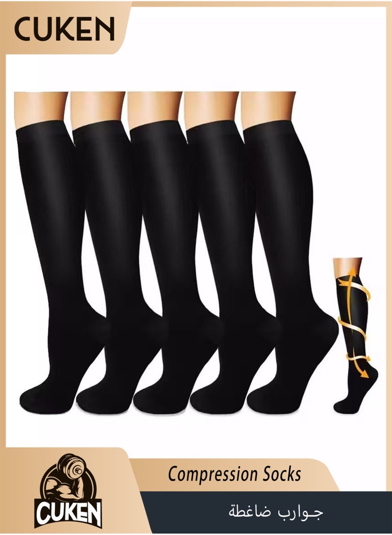 Cuken 5 Pairs Compression Socks, Solid Color Athletic Socks, High Trouser Socks, Sport Socks with Calf Support and Non-Slip Grip, Running Socks for Fitness, Travel, Jump Rope and Faster Recovery, Unisex, Black L/XL - Image 1