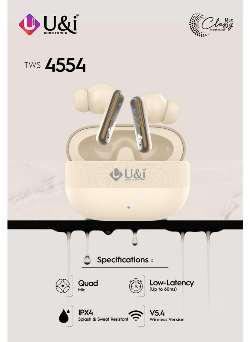 يو اند اي سماعات أذن لاسلكية أنيقة يو آند آي TWS-4554 - سلسلة Classy، لون كريمي فاخر، 60 ساعة تشغيل، بلوتوث 5.4، مقاومة للماء IPX4، تحكم سهل باللمس - مثالية للرياضة والاستماع الطويل - Image 2