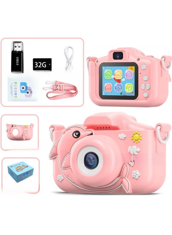 AROAQ Kids Camera, HD 1080p Shockproof Children Video Camera, Portable Mini  Dual Camera Toy, Multiple Functions Digital Camera For Girls Boys, (x5s HD dual camera dolphin pink + 32g card + card reader) - Image 1