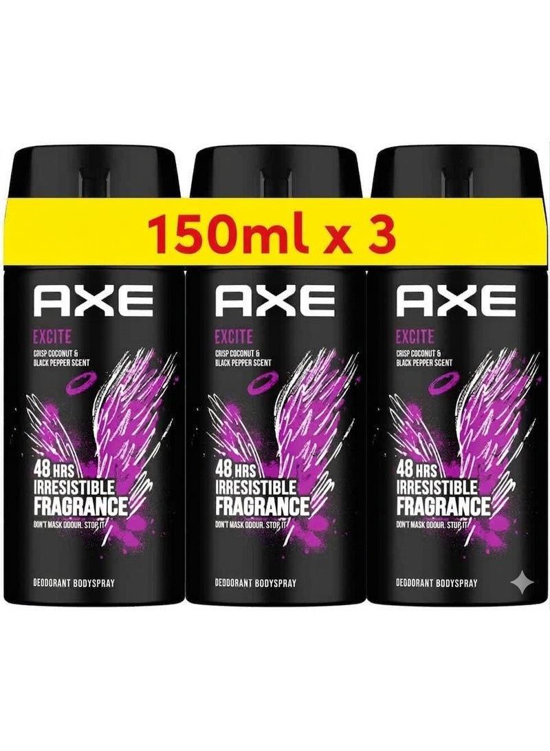 Axe Mini Men Deodorant Body Spray, Excite, 48 hours of irresistible fragrance, 150ml x 3