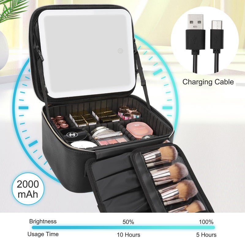 Relavel Travel Makeup Bag With LED Mirror, Cosmetic Train Case with Light up Mirror, Portable Makeup Artist Organizer Bag with Adjustable Dividers, Makeup Brush Holder Storage, Black - Image 4