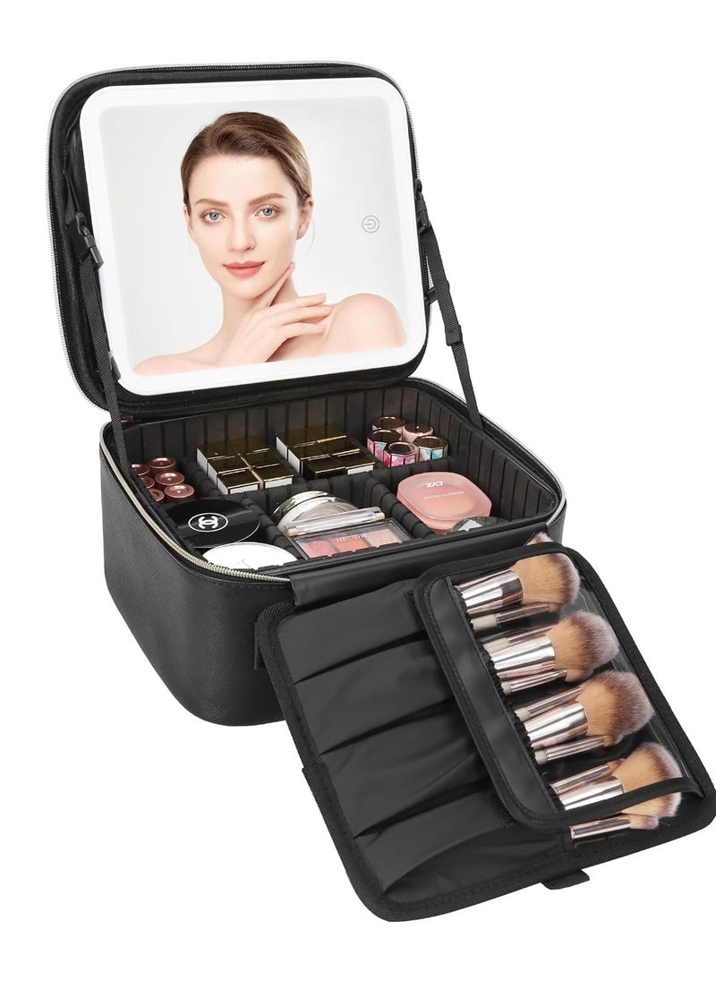 Relavel Relavel Travel Makeup Bag With LED Mirror, Cosmetic Train Case with Light up Mirror, Portable Makeup Artist Organizer Bag with Adjustable Dividers, Makeup Brush Holder Storage, Black  - Image 1