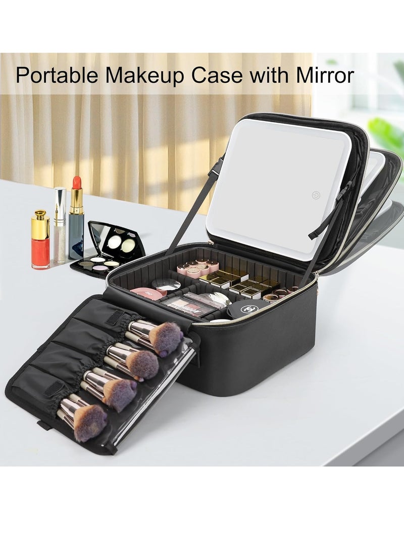 Relavel Relavel Travel Makeup Bag With LED Mirror, Cosmetic Train Case with Light up Mirror, Portable Makeup Artist Organizer Bag with Adjustable Dividers, Makeup Brush Holder Storage, Black  - Image 2