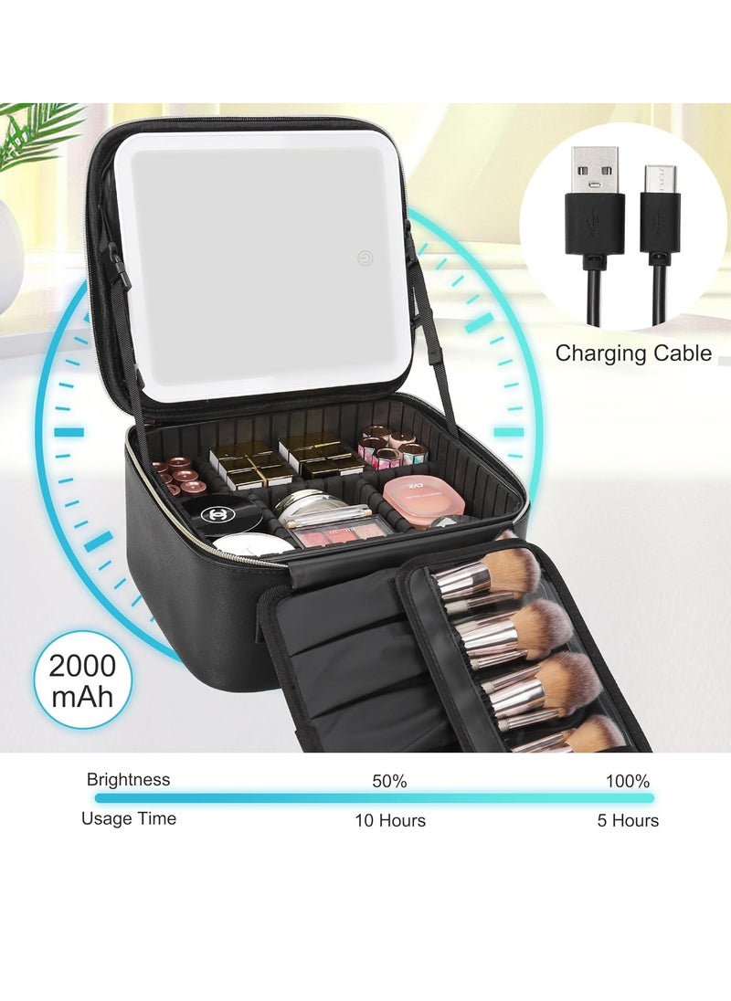 Relavel Relavel Travel Makeup Bag With LED Mirror, Cosmetic Train Case with Light up Mirror, Portable Makeup Artist Organizer Bag with Adjustable Dividers, Makeup Brush Holder Storage, Black  - Image 3