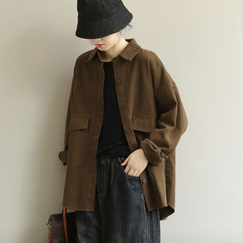2022 Autumn and Winter Cotton Long Sleeve Top Loose Vintage Work Shirt Jacket Brown  - Image 1