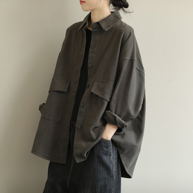 2022 Autumn and Winter Cotton Long Sleeve Top Loose Vintage Work Shirt Jacket Brown  - Image 2
