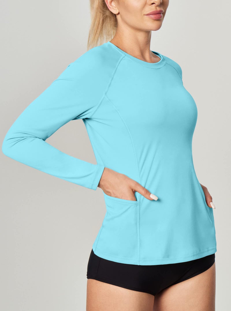IUGA Rash Guard for Women UPF 50+ SPF UV Protection Long Sleeve Workout Tops with Pockets Dry Fit Hiking Swim Shirt Light Blue - Image 3