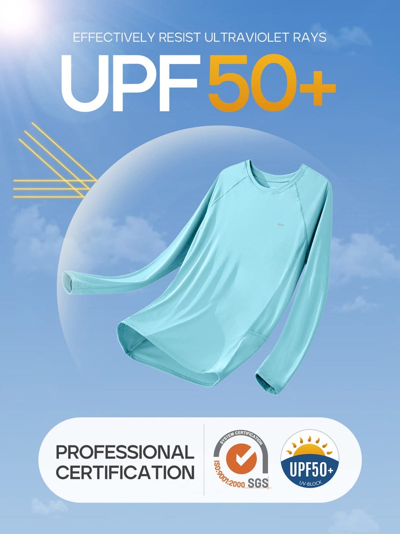 IUGA Rash Guard for Women UPF 50+ SPF UV Protection Long Sleeve Workout Tops with Pockets Dry Fit Hiking Swim Shirt Light Blue - Image 4