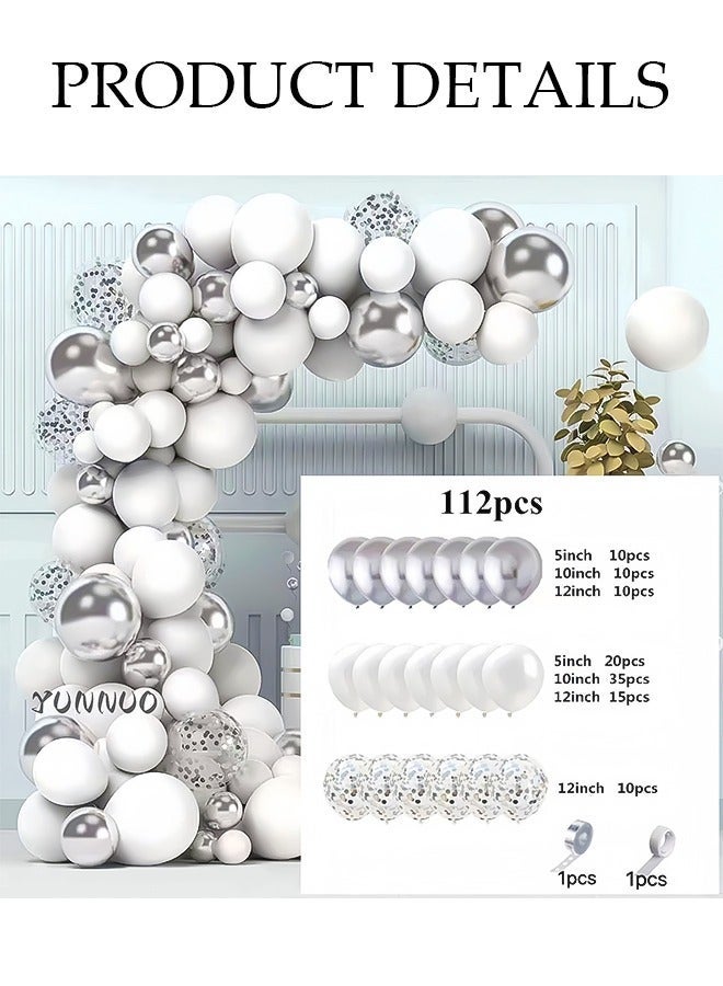 DUNISO Balloons Garland Arch Kit 112 Pcs 5/10/12/18 Inch Silver and White Latex Balloons Set For Baby Shower Wedding Birthday Party Background Decorations School Opening Ceremony - Image 2