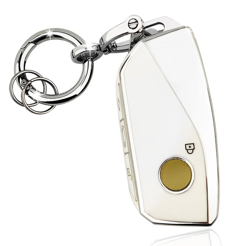 OLLEN Key Fob Cover with Ring Fit for BMW 2023 2024 2025up New 57 Series 740i 760i X1 X2 X3 X5 X6 X7 XM IX IX3 I5 I7 etc Full Protection Soft TPU Key Case White and Silver