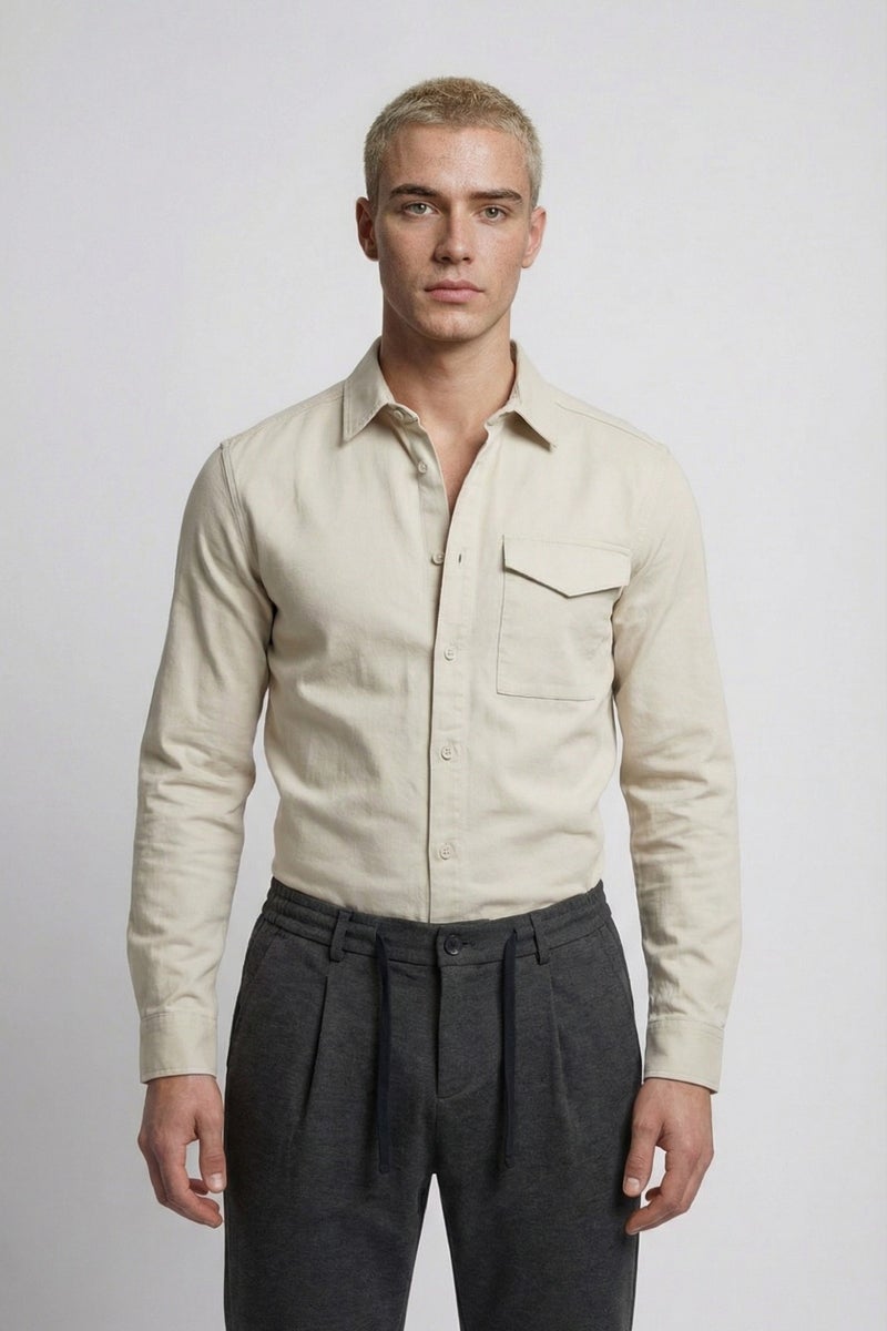 DeFacto Beige Man Boxy Fit Polo Collar Twill Shirt Jacket Casual - Image 1