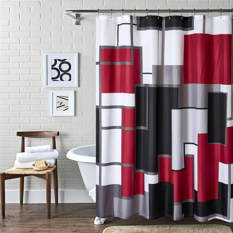 YOSTEV Modern Geometric Shower Curtain RedRED and Black White Waterproof Shower Curtain Set for Bathroom Restroom with 12 Metal Hooks 72 x 72 inch