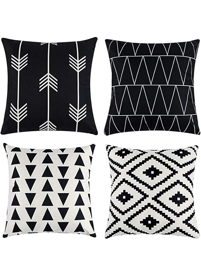 The Bros Set of 4 Pillowcases Decorative Geometric Square 18 x 18 Inches Throw Pillow Covers - Modern Pattern Linen Pillow Cushion Case for Sofa Couch Bed Home Car Office Decor(Black and White)  - Image 1