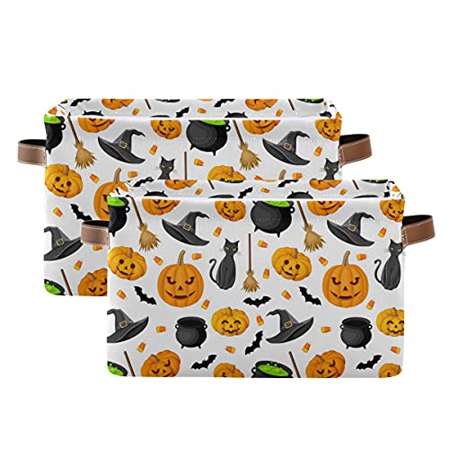 senya Halloween Basket, Large Foldable Storage Basket with Handles Halloween Pumpkin Black Cat Ghost Bat Pattern Fabric Collapsible Storage Bins Organizer Bag for Storage - Image 2