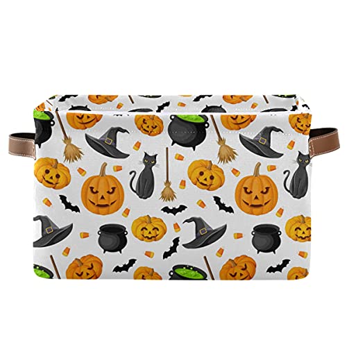 senya Halloween Basket, Large Foldable Storage Basket with Handles Halloween Pumpkin Black Cat Ghost Bat Pattern Fabric Collapsible Storage Bins Organizer Bag for Storage - Image 1