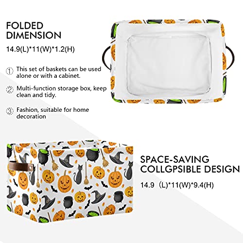 senya Halloween Basket, Large Foldable Storage Basket with Handles Halloween Pumpkin Black Cat Ghost Bat Pattern Fabric Collapsible Storage Bins Organizer Bag for Storage - Image 3
