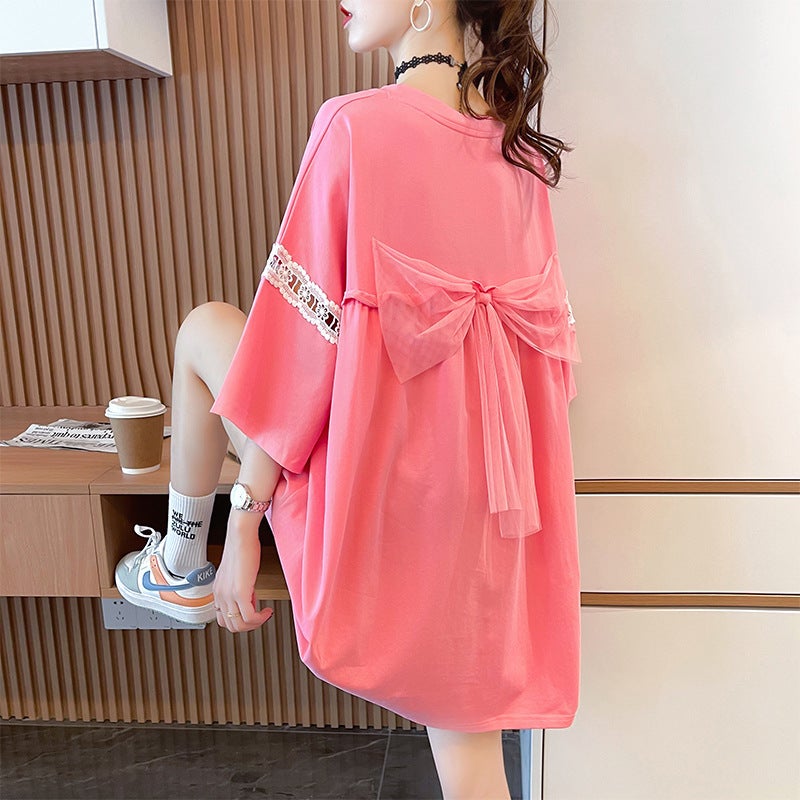 Korean Style Design Bow Loose Mid-Length Short-Sleeved T-Shirt New Summer Western Style Design Sense Half-Sleeved Top Ins - Image 3