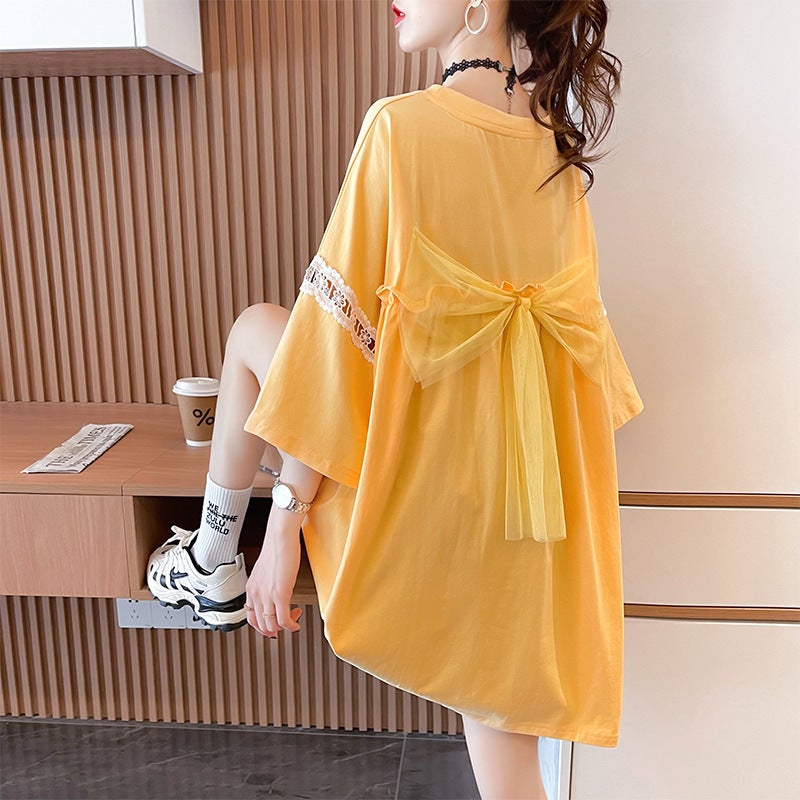Korean Style Design Bow Loose Mid-Length Short-Sleeved T-Shirt New Summer Western Style Design Sense Half-Sleeved Top Ins - Image 2