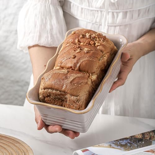 HVH Ceramic Loaf Pan for Baking Bread Rectangular Baking Bread Loaf Pan 9 x 5 inch Bread Pan Bread Baking Pan for Cooking Wave Series Farmhouse Style Sand Color - Image 3