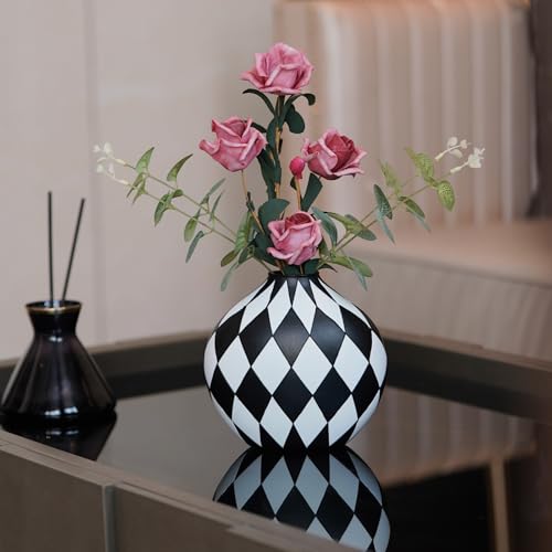Cmrweio Modern Simple Black and White Checkered Flower Arrangement Vase | Living Room Home Decorn Decoration Table Kitchen Desktop Minimalist Decor - Image 1