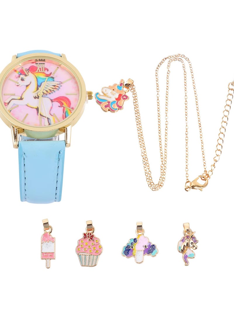 GGOOT Kids Unicorn Watch Necklace Set: 3D Cute Cartoon Unicorn Wrist Watch with Choker 4pcs Pendant Charms Birthday Gift for Children Toddler Baby Girls Little Child - Image 1