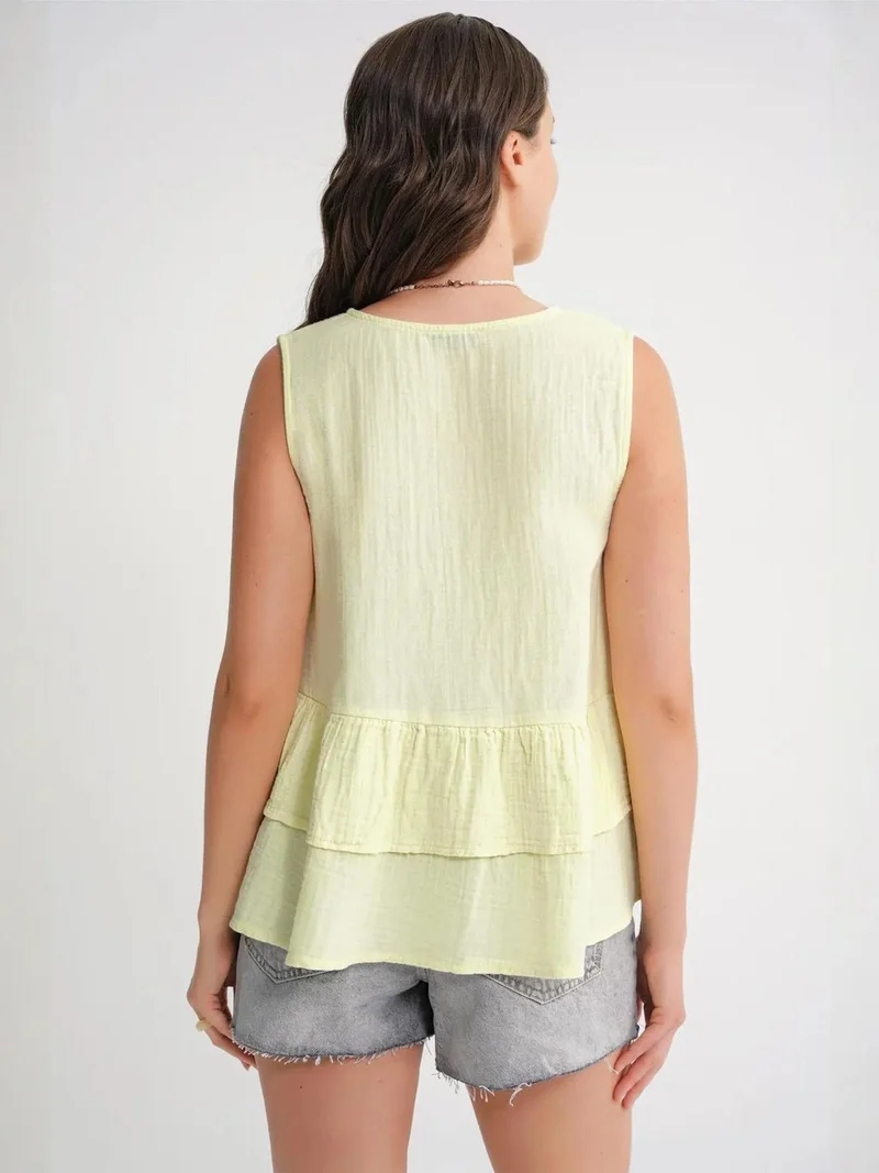 Mixray Lemon Yellow Mixray V-Neck Buttoned Cotton Blouse for Women | Best Price UAE