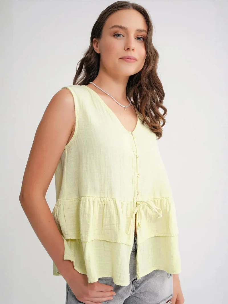 Mixray Lemon Yellow Mixray V-Neck Buttoned Cotton Blouse for Women | Best Price UAE