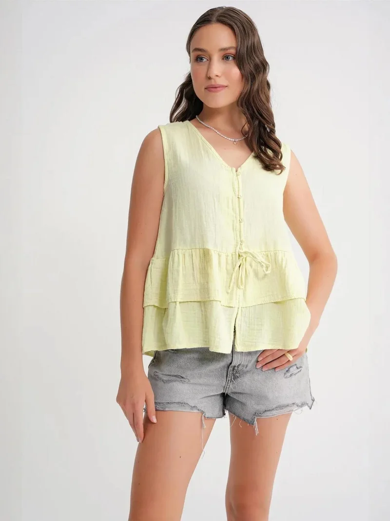 Mixray Mixray V-Neck Buttoned Cotton Blouse
