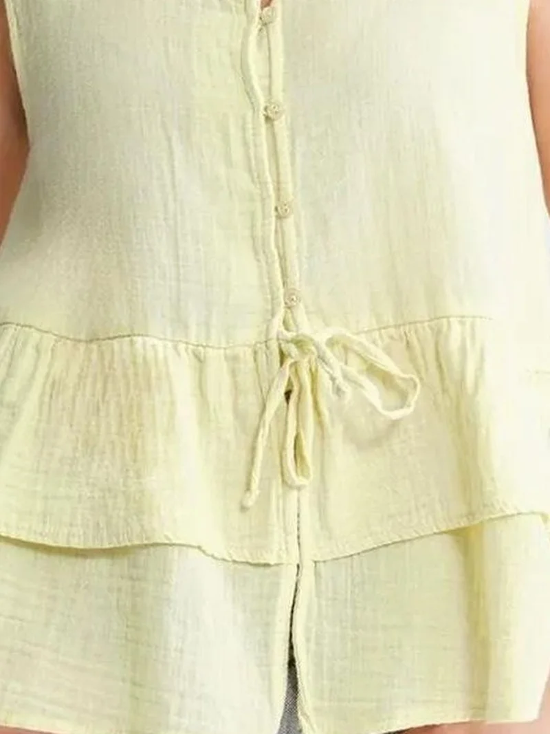 Mixray Lemon Yellow Mixray V-Neck Buttoned Cotton Blouse for Women | Best Price UAE