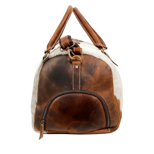CREATIVE LEATHER ART Leather Duffel Bag for Men & Women, Genuine Weekender Travel Bag, Handmade Overnight Gym Bag with Shoulder Strap, Carry-On for Business & Outdoor Travel (Hudson Hair Duffel, Brown & White, 22 Inch) - Image 5