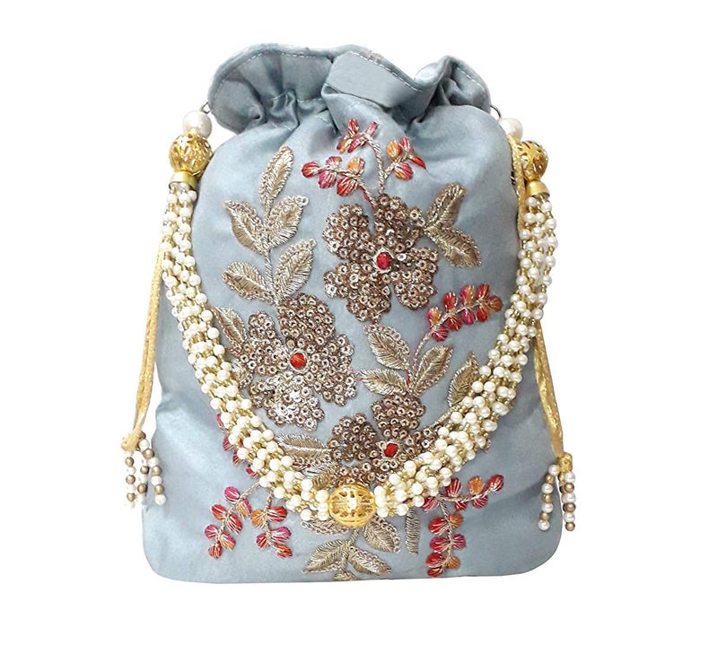 DUCHESS Women's Polti Bag with Pearl Handle and Tassel - Bridal Ethnic Traditional Casual Purse/Clutch/Handbag (20 L X 2 W X 23 H Cm, Grey) - Image 1