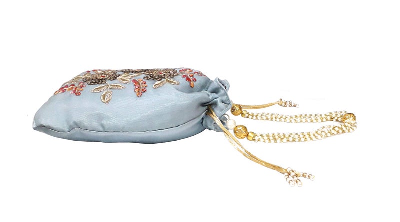 DUCHESS Women's Polti Bag with Pearl Handle and Tassel - Bridal Ethnic Traditional Casual Purse/Clutch/Handbag (20 L X 2 W X 23 H Cm, Grey) - Image 2