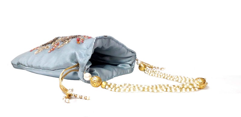 DUCHESS Women's Polti Bag with Pearl Handle and Tassel - Bridal Ethnic Traditional Casual Purse/Clutch/Handbag (20 L X 2 W X 23 H Cm, Grey) - Image 3