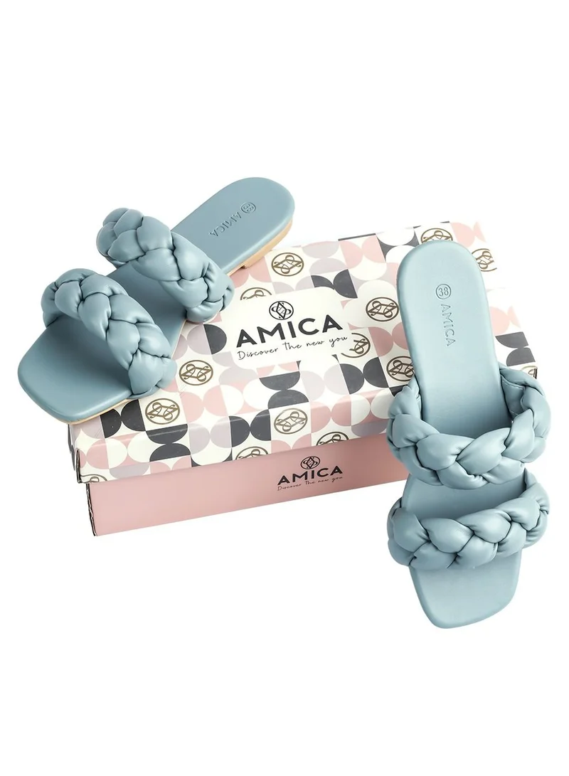 AMICA Cara Women's Flat Leather Sandals with Double Braided Strap